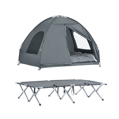 SoBuy OGS32-L-HG | 4-in-1 Tent met opvouwbaar  verhoogd bed, dak, slaapzak, luchtmatras  | Maximale belasting 180 kg | 1 Personen | Grijs