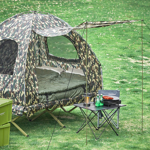 SoBuy Verhoogde Tent met Campingbed voor 2 Personen, 4-in-1 Opvouwbare Campingtent met Aluminium Bed, Slaapzak, Opblaasbaar Matras, OGS61-L-TN