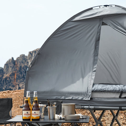 SoBuy OGS32-L-HG | 4-in-1 Tent met opvouwbaar  verhoogd bed, dak, slaapzak, luchtmatras  | Maximale belasting 180 kg | 1 Personen | Grijs