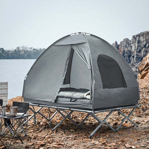 SoBuy OGS32-L-HG | 4-in-1 Tent met opvouwbaar  verhoogd bed, dak, slaapzak, luchtmatras  | Maximale belasting 180 kg | 1 Personen | Grijs