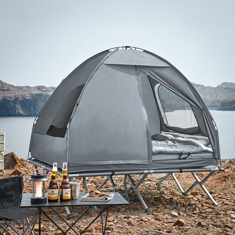 SoBuy OGS32-L-HG | 4-in-1 Tent met opvouwbaar  verhoogd bed, dak, slaapzak, luchtmatras  | Maximale belasting 180 kg | 1 Personen | Grijs