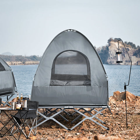 SoBuy OGS32-L-HG | 4-in-1 Tent met opvouwbaar  verhoogd bed, dak, slaapzak, luchtmatras  | Maximale belasting 180 kg | 1 Personen | Grijs