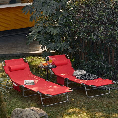 SoBuy OGS35-Rx2 | Set van 2 | Ligstoel | Tuinstoel | Opvouwbaar | Verstelbaar | met Hoofdsteun en Zijzak | Rood