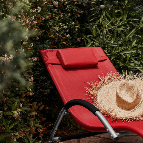 SoBuy OGS38-R | Ligstoel | Tuinstoel | Ergonomische | met Verstelbare Hoofdsteun en Zijzak | Rood