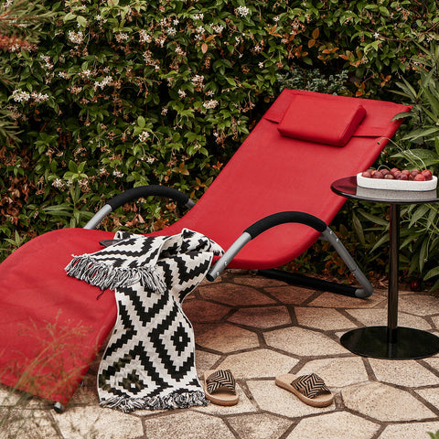 SoBuy OGS38-R | Ligstoel | Tuinstoel | Ergonomische | met Verstelbare Hoofdsteun en Zijzak | Rood