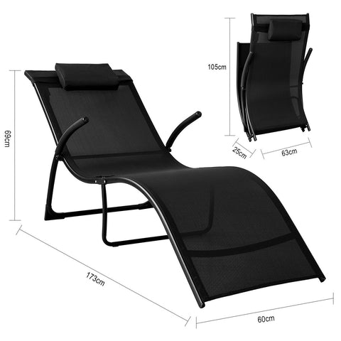 SoBuy OGS45-SCH | Ligstoel | Tuinstoel | Opvouwbaar| Ergonomische | met Verstelbare Hoofdsteun en Zijzak | Zwart
