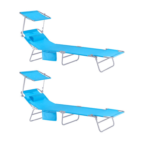 SoBuy OGS48-Bx2 | Set van 2 | Ligstoel | Tuinstoel | Opvouwbaar | Verstelbaar | met Verstelbaar Zonnedak, Hoofdsteun en Zijzak Blauw
