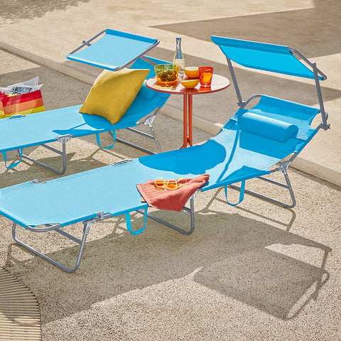 SoBuy OGS48-Bx2 | Set van 2 | Ligstoel | Tuinstoel | Opvouwbaar | Verstelbaar | met Verstelbaar Zonnedak, Hoofdsteun en Zijzak Blauw