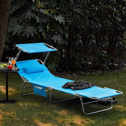 SoBuy OGS48-Bx2 | Set van 2 | Ligstoel | Tuinstoel | Opvouwbaar | Verstelbaar | met Verstelbaar Zonnedak, Hoofdsteun en Zijzak Blauw