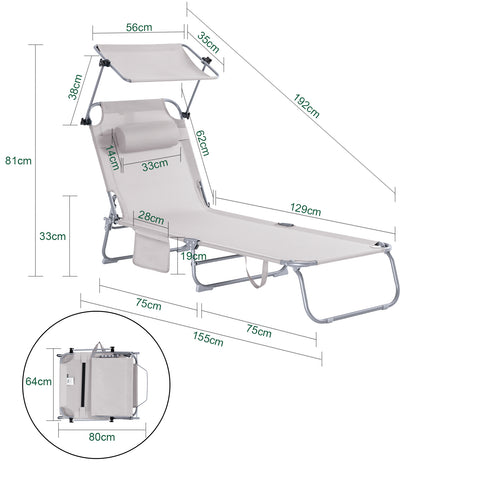 SoBuy OGS48-MIx2 | set van 2 | Ligstoel | Tuinstoel | Opvouwbaar | Verstelbaar | met Verstelbaar Zonnedak, Hoofdsteun en Zijzak | Beige