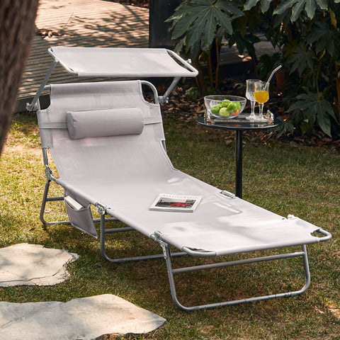 SoBuy OGS48-MI | Ligstoel | Tuinstoel | Opvouwbaar | Verstelbaar | met Verstelbaar Zonnedak, Hoofdsteun en Zijzak | Beige