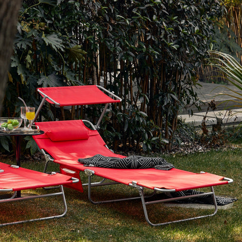 SoBuy OGS48-Rx2 | Set van 2 | Ligstoel | Tuinstoel | Opvouwbaar | Verstelbaar | met Verstelbaar Zonnedak, Hoofdsteun en Zijzak | Rood