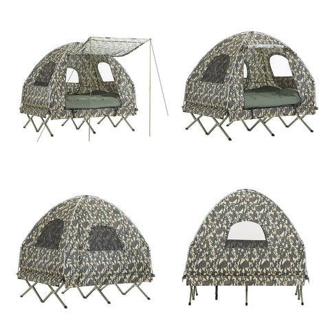 SoBuy Verhoogde Tent met Campingbed voor 2 Personen, 4-in-1 Opvouwbare Campingtent met Aluminium Bed, Slaapzak, Opblaasbaar Matras, OGS61-L-TN