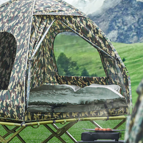 SoBuy OGS32-L-TN | 4-in-1 Tent met opvouwbaar  verhoogd bed, dak, slaapzak, luchtmatras  | Maximale belasting 180 kg | 1 Personen | Camouflage | Camouflage