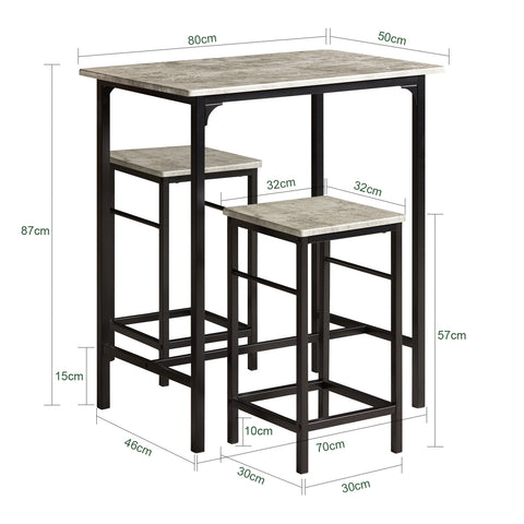 SoBuy OGT10-HG Bistrotafel 3-delige Tafel met 2 stoelen Bartafelset Eettafel Grijze Zitgroep