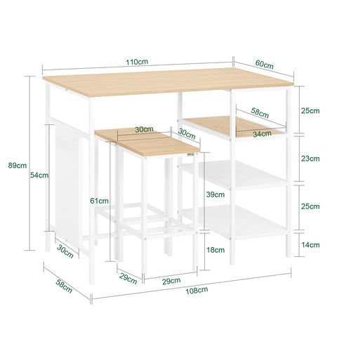 SoBuy OGT51-WN Tafelset en 2 krukken, keukentafel met 3 zijplanken, hoge statafel voor keuken, eetkamer, woonkamer, bistro en balkon