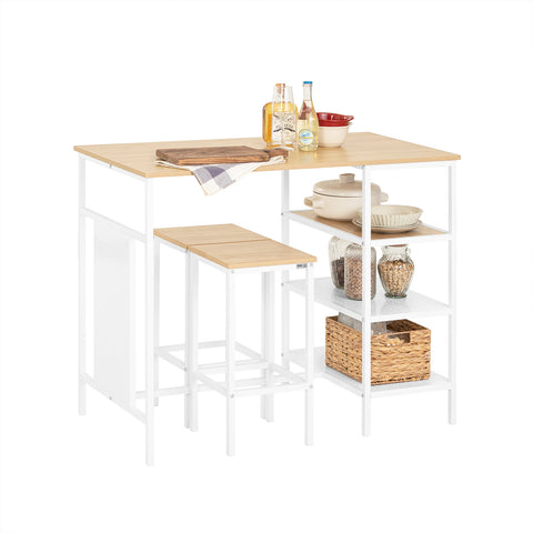 SoBuy OGT51-WN Tafelset en 2 krukken, keukentafel met 3 zijplanken, hoge statafel voor keuken, eetkamer, woonkamer, bistro en balkon