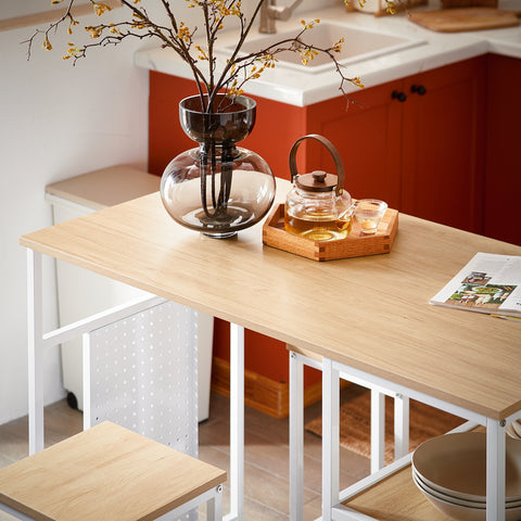 SoBuy OGT51-WN Tafelset en 2 krukken, keukentafel met 3 zijplanken, hoge statafel voor keuken, eetkamer, woonkamer, bistro en balkon