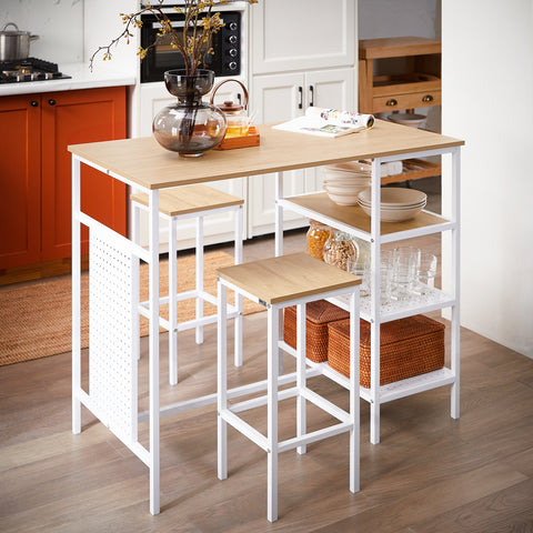 SoBuy OGT51-WN Tafelset en 2 krukken, keukentafel met 3 zijplanken, hoge statafel voor keuken, eetkamer, woonkamer, bistro en balkon