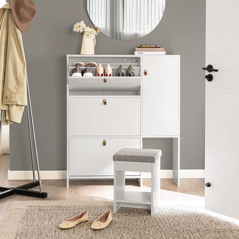 SoBuy FSR107-W Schoenenopbergkast Schoenenkast 3-bladige schoenenkist Hal Opbergkist voor schoenen met schoenenkruk
