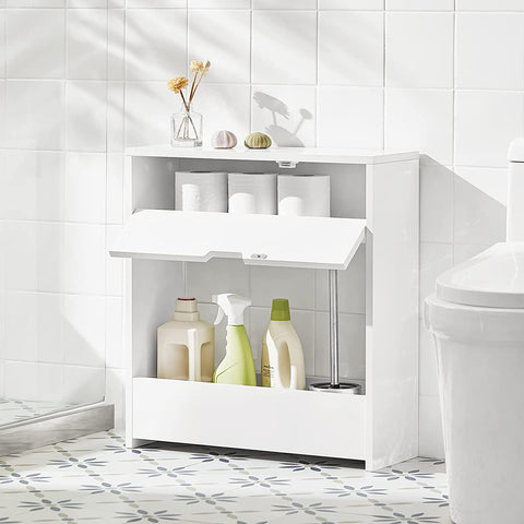 SoBuy BZR48-W toiletrolhouder, badkamer toiletkast, badkamermeubels, houten vloer staande badkamerkast