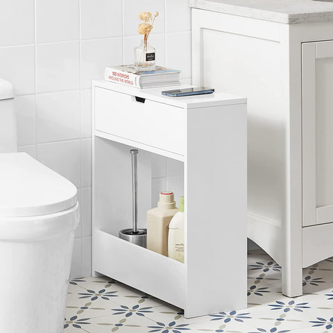 SoBuy BZR48-W toiletrolhouder, badkamer toiletkast, badkamermeubels, houten vloer staande badkamerkast