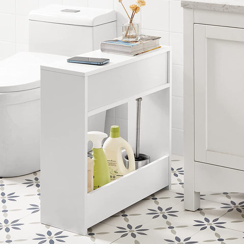SoBuy BZR48-W toiletrolhouder, badkamer toiletkast, badkamermeubels, houten vloer staande badkamerkast