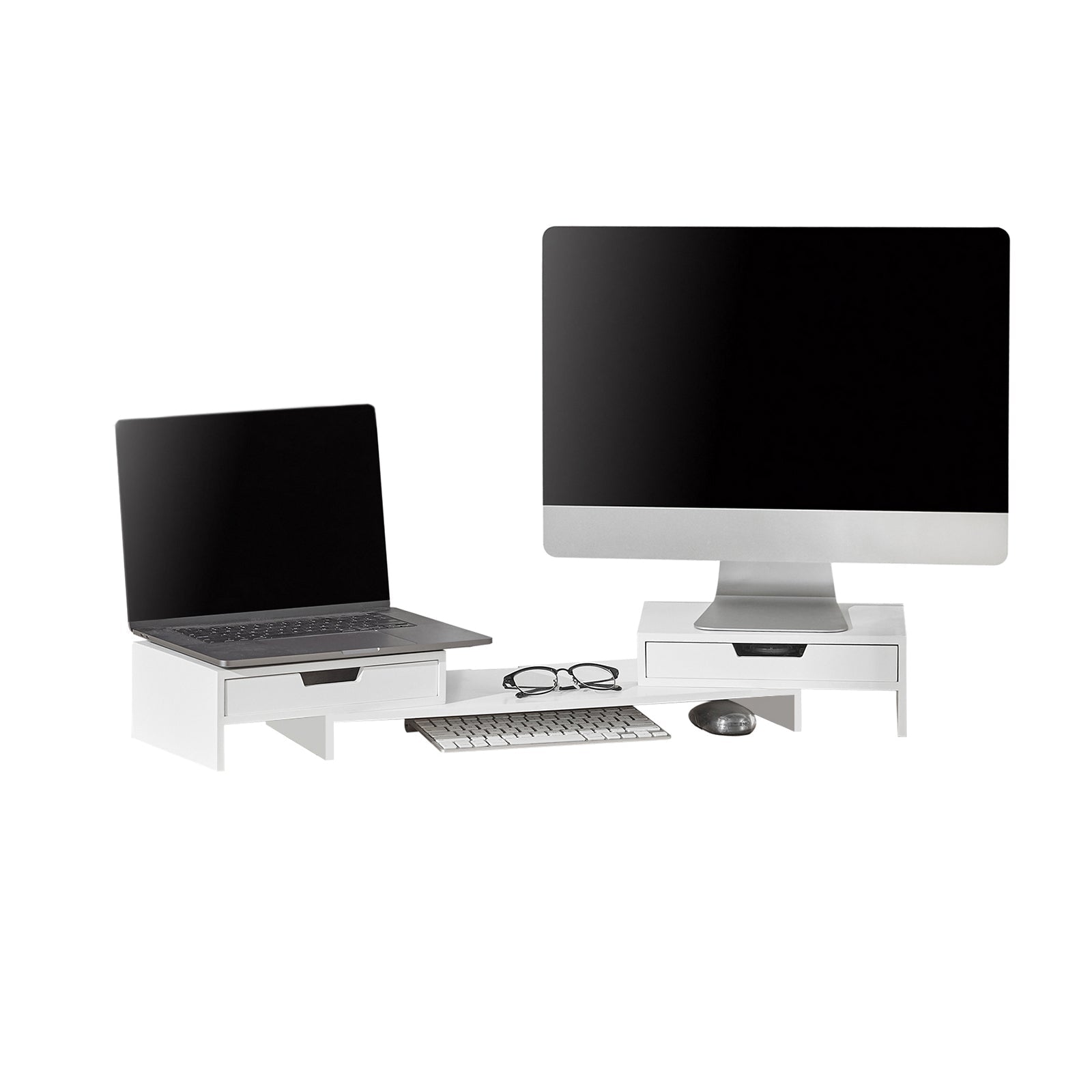 SoBuy Breitenverstellbarer Monitorständer mit 2 Schubladen, Schreibtisch Organizer, Bildschirmständer für 2 Monitore, Monitorerhöhung für Schreibtisch, Büro Organizer, Weiß, 60–107x11x22cm BBF04-W