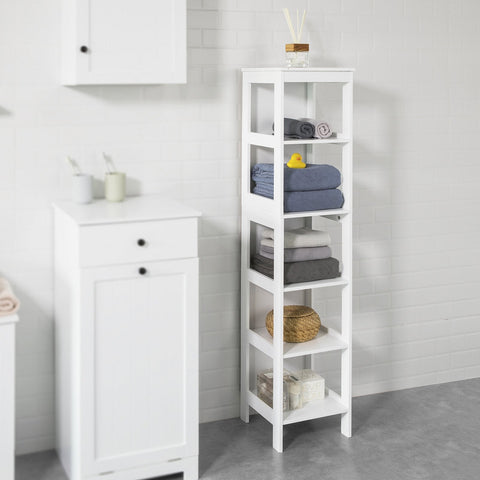 SoBuy BZR14-W Badkamerplank Badkamermeubel met 5 Planken Badkamer Hoog Kast Stelling