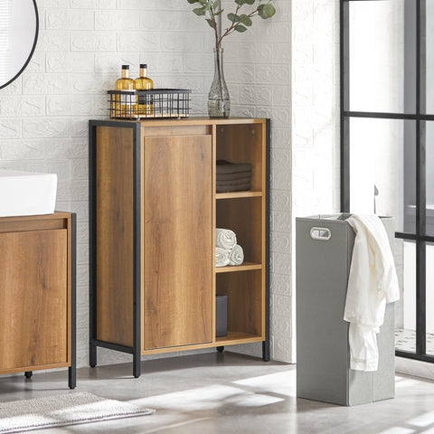 SoBuy BZR65-PF Badkamerkast met Kantelbare Wasmand, Badkamermeubel met Waskast, Lage Kast, Staande kast met 3 Compartiment en 1 Wasmand