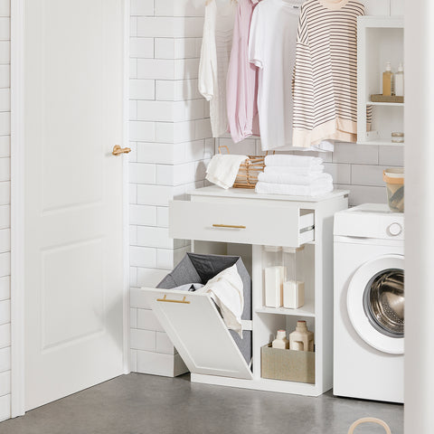 SoBuy BZR66-W Badkamerkast met Kantelbare Wasmand, Badkamermeubel met Waskast, Lage Kast, Staande Kast