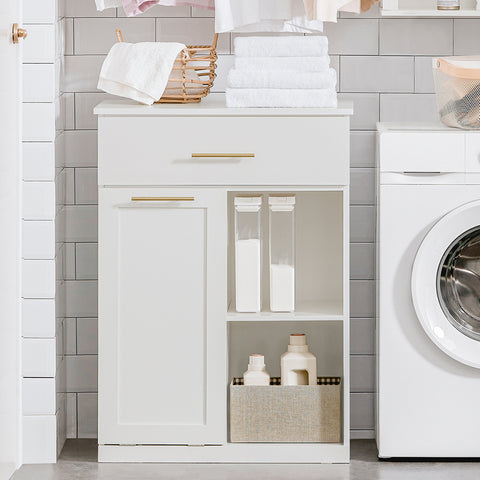 SoBuy BZR66-W Badkamerkast met Kantelbare Wasmand, Badkamermeubel met Waskast, Lage Kast, Staande Kast