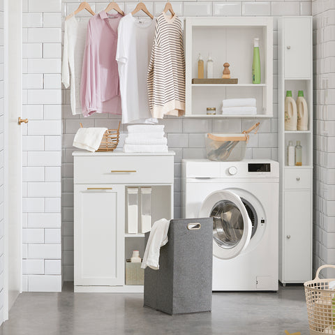 SoBuy BZR66-W Badkamerkast met Kantelbare Wasmand, Badkamermeubel met Waskast, Lage Kast, Staande Kast