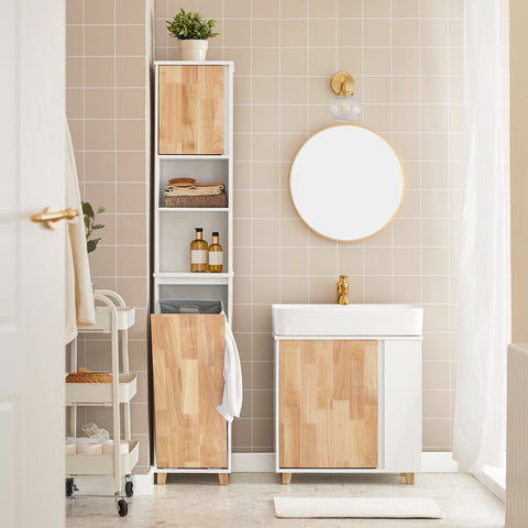 SoBuy BZR74-W Badkamerkast met Kantelbare Wasmand - Badkamer Kolomkast Staande Kast met Wasmanden- Opbergkast Opbergblank
