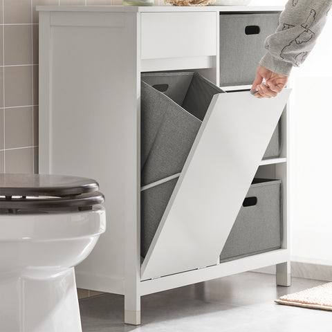 SoBuy BZR77-W Badkamerkast met Kantelbare Wasmand, Badkamermeubel met Waskast, Lage Kast, Staande Kast
