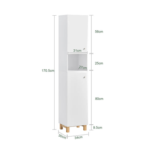 SoBuy BZR91-W Badkamer Kolomkast - Badkamerkast - Hoge Kast - Staande Kolomkast - Opbergkast Opbergplank met 1 Plank en 2 Deur