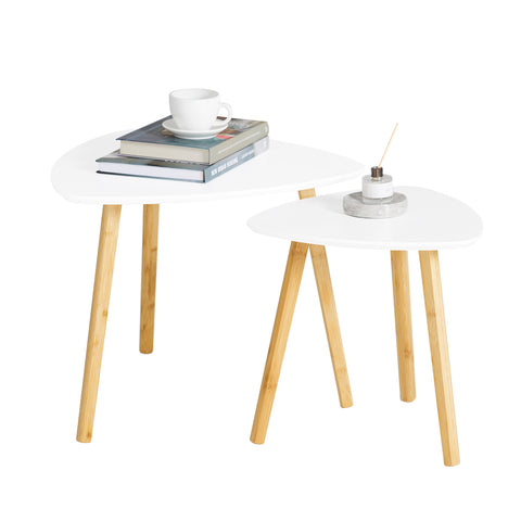 SoBuy FBT74-W Set van 2 Bijzettafel met Planken Salontafel Bamboe Wit/Naturel