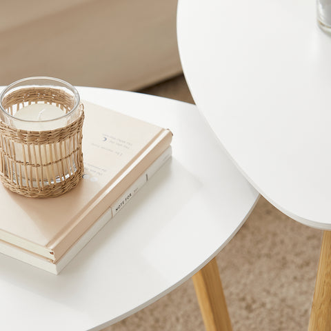 SoBuy FBT74-W Set van 2 Bijzettafel met Planken Salontafel Bamboe Wit/Naturel