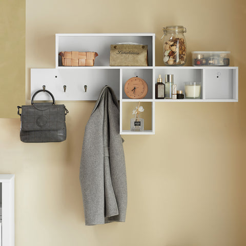 SoBuy FHK17-W Kapstok Wandplank Hal Kapstokken Hangplank Garderobe met 5 vakken en 4 haken Wit