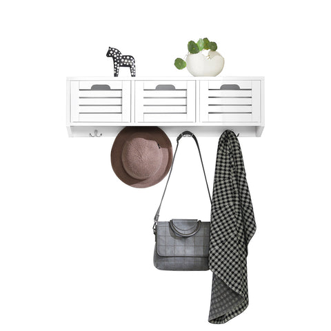 SoBuy FHK19-W Kapstok Wandplank Hal Kapstokhaken Hangplank Garderobe met 3 Manden en 4 Haken