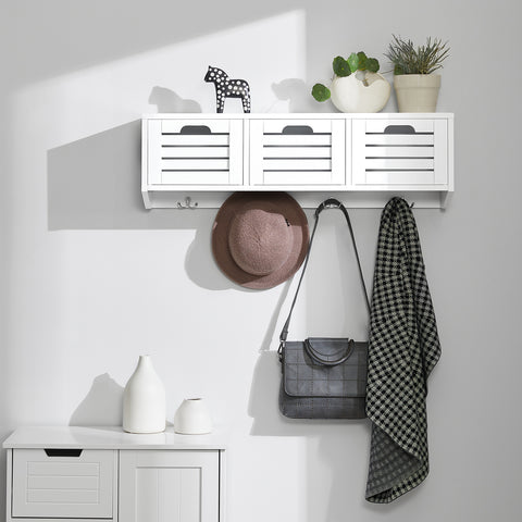 SoBuy FHK19-W Kapstok Wandplank Hal Kapstokhaken Hangplank Garderobe met 3 Manden en 4 Haken