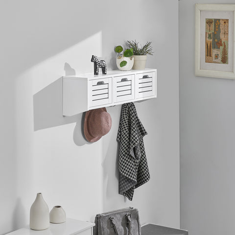 SoBuy FHK19-W Kapstok Wandplank Hal Kapstokhaken Hangplank Garderobe met 3 Manden en 4 Haken