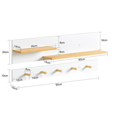 SoBuy FHK21-WN 2-delige wandgemonteerde kapstok Wandplank Entree Kapstok Kapstokhaken met hangende plank Opbergplank