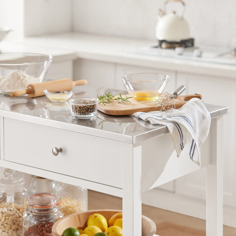 SoBuy FKW47-W Keukentrolley met roestvrij stalen plaat gangkast sideboard bijzettafel