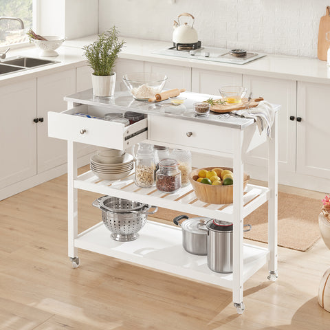 SoBuy FKW47-W Keukentrolley met roestvrij stalen plaat gangkast sideboard bijzettafel
