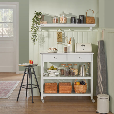 SoBuy FKW47-W Keukentrolley met roestvrij stalen plaat gangkast sideboard bijzettafel