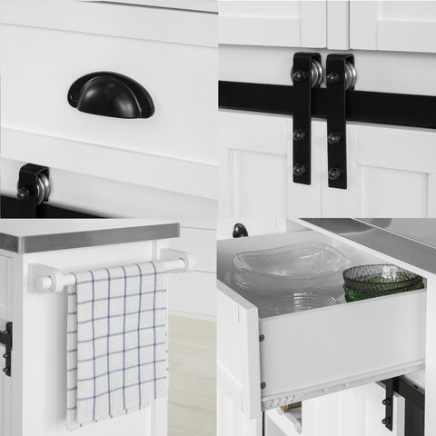 SoBuy FKW94-W Design Dressoir Mobiele Keukenkast Opbergruimte Keukenwage met RVS Plaat Flessenrek 2 Schuifdeuren en 2 Lades - Wit 116x46x95cm (bxlxh)