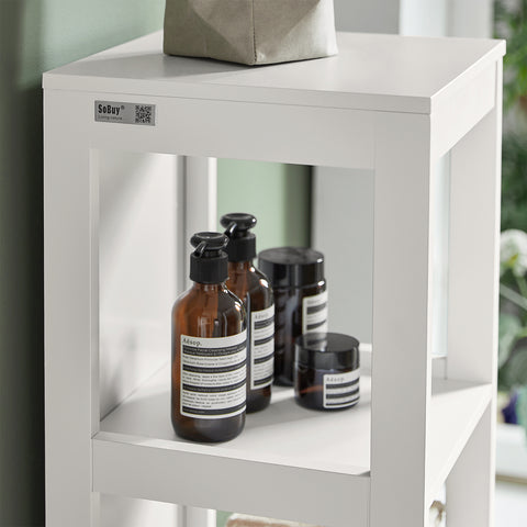 SoBuy FRG126-W Badkamermeubel Hoge kast voor badkamer badkamerrek met voetkussen badkamer