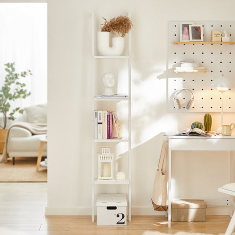 SoBuy FRG15-W Ladderrek - Opbergplank - Decoratie - Veelzijdig - Ladderplank - Boekenkasten