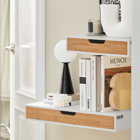 SoBuy FRG92-WN Zwevende plank wit Hangende lade Wandplank bamboe Boekenplanken
